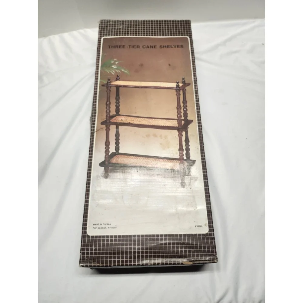 Vintage 3 Tier Cane Shelf New Old Stock W30168 Woven Wood Spindle Display Rack